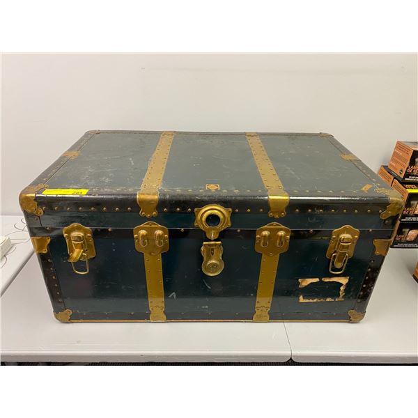 Large Metal and Cardboard Trunk - Dark Green with Brass Accents - approx. 36in x 21in x 17in