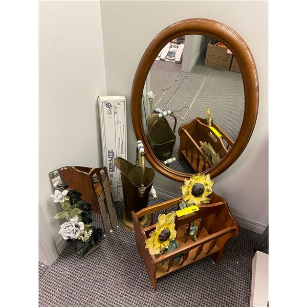 Group Lot of Home Décor Items - magazine rack, ceramic sunflowers, Wood Framed Oval Mirror, 26in Zee