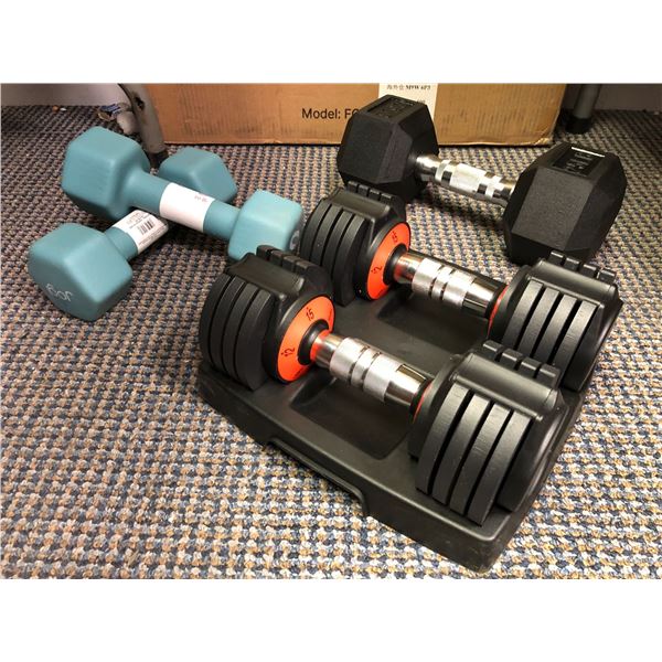 Group of Hand weights - 2 x 10 lbs, one 25 lb and Set of Adjustable max 15 lbs each - new