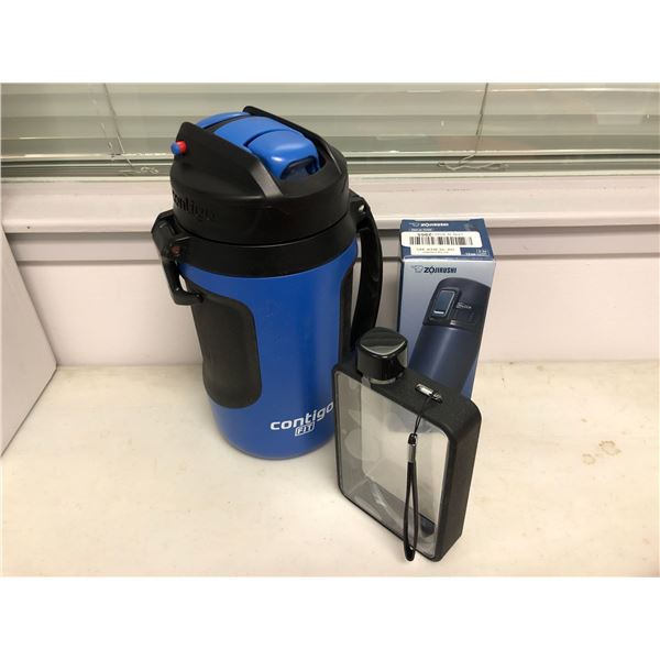 Group of 3 Water Containers - Large Contigo Fit / Mochic Plastic Flask and Zojirushi Stainless Mug