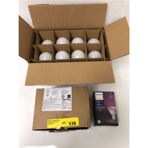Group Lot of Lightbulbs - Philips Hue, LED 500 Lumens Bubls and Box of 15W LED Light Blubs