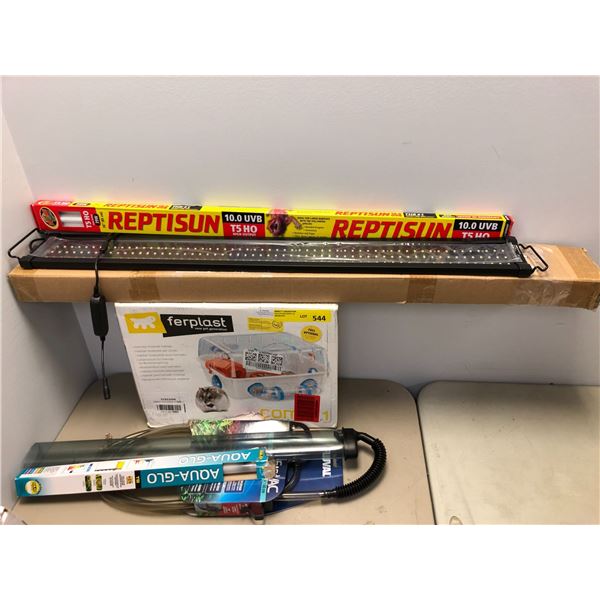 Group Lot of Misc. Pet Supplies - Hamster Habitat, Reptile and Aquarium Lights, Aquarium Easy Vac