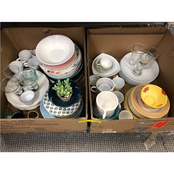 Two boxes of Estate Plates, bowls, cups and glasses
