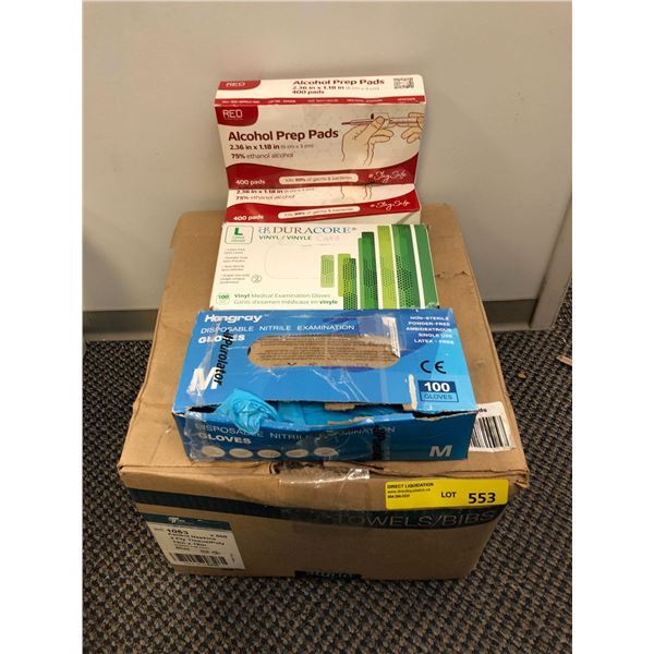 Group Lot of Patient Bibs/Towels (Dental Use or other), Alcohol Prep Pads, and 2 packages of Disposa