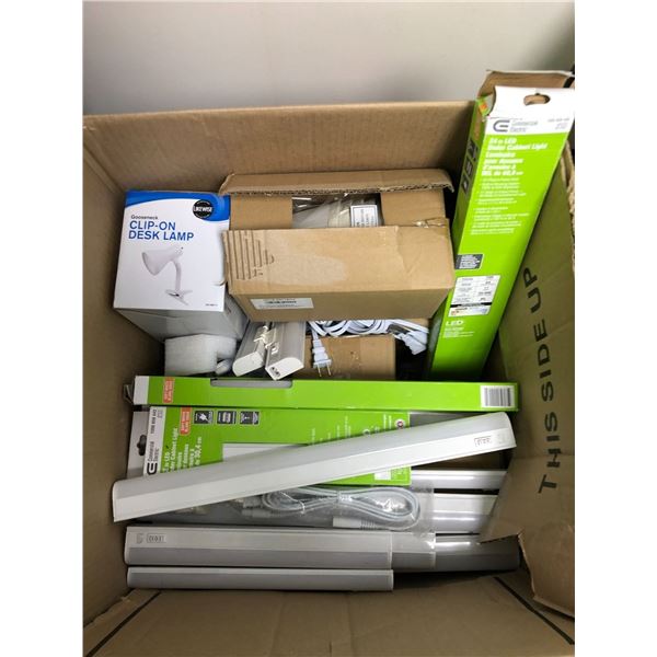 Box of Light Fixtures including many 24in LED Under Cabinet Lights, Desk Lights, Lampshades & More