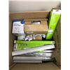 Image 1 : Box of Light Fixtures including many 24in LED Under Cabinet Lights, Desk Lights, Lampshades & More