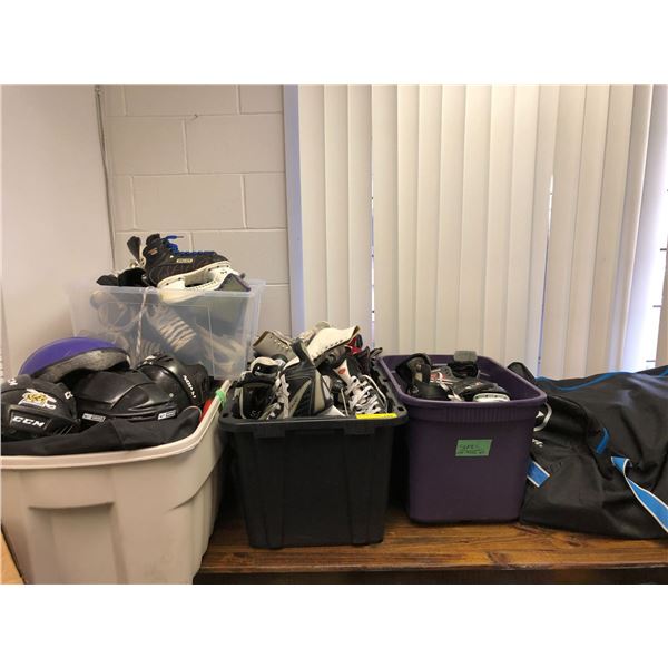Table Lot of Four Bins and One Hockey Bag full of Skates , Hockey Bags & Helmets and more from the H