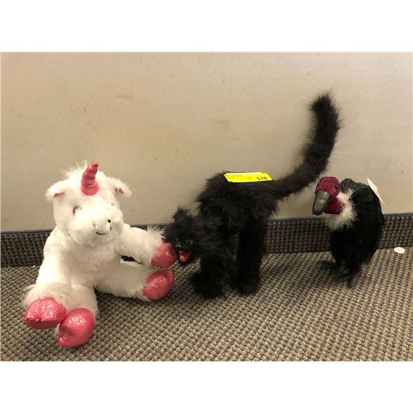 Group of Animals - Black Cat, Vulture and Unicorn.  Tallest is 13in tall (not including cat's tail)