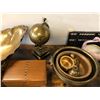 Image 2 : Table Top of Collectibles - Brass Items, Wood Boxes, Brass Globe, Double Swan Bowl and specialty pla