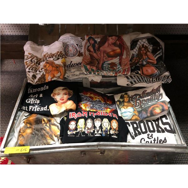 Metal Trunk and Collection of Musicians and Beer T-shirts - such as Iron Maiden, Harley Davidson, Ma