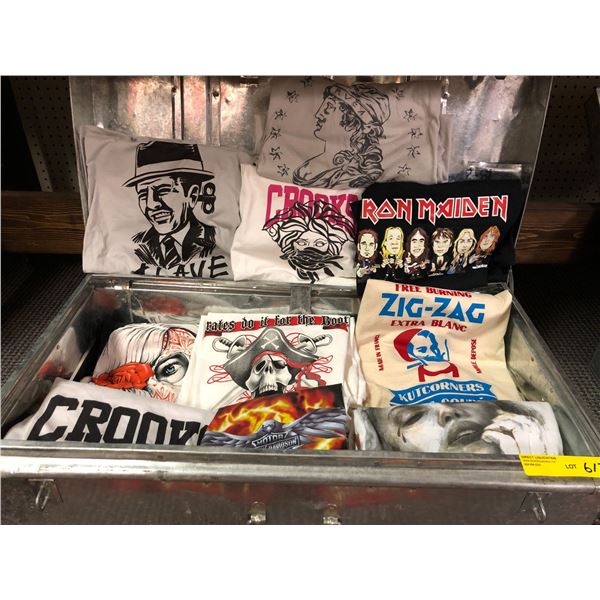 Metal Trunk and Collection of Musicians and Beer T-shirts - such as Iron Maiden, Harley Davidson, Ma