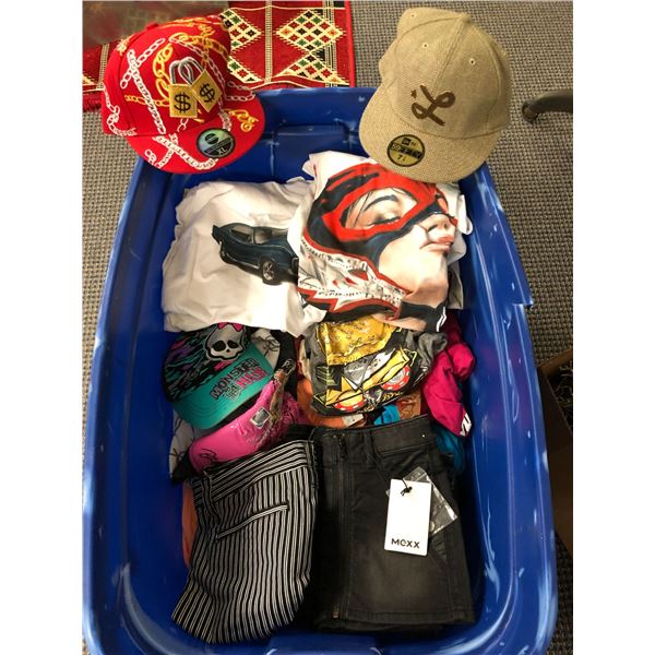 Bin Full of Specialty Clothing - including Baseball Hats, Hurley Shorts, Mexx Skirt - Full of great
