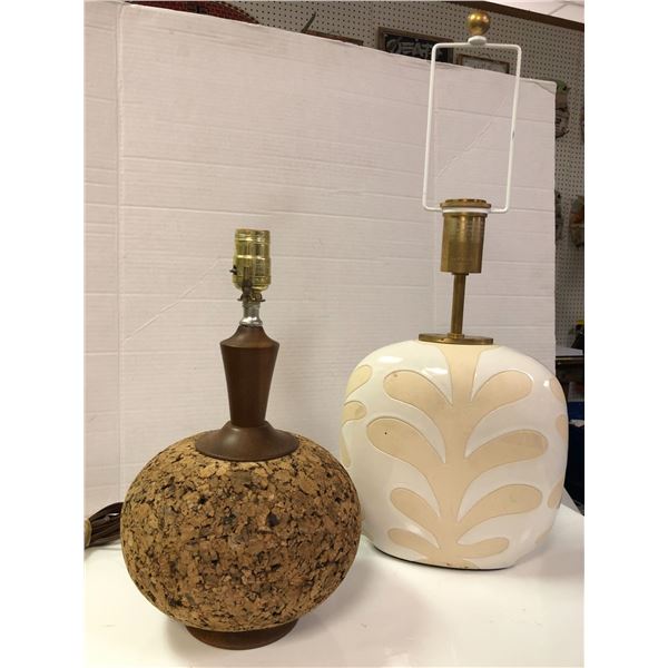 Two Vintage Lamp Bases - one Cork and the other ceramic with leaf pattern