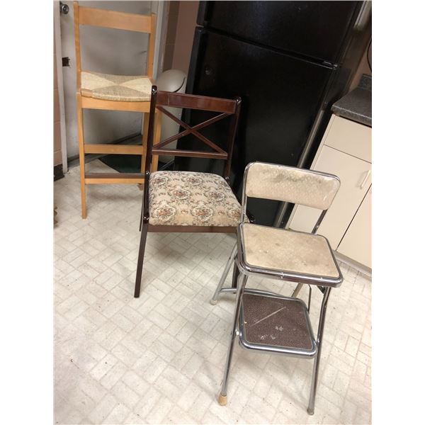 Group of 3 - one Vintage Folding Step stool, one upholstered chair and One Bar stool