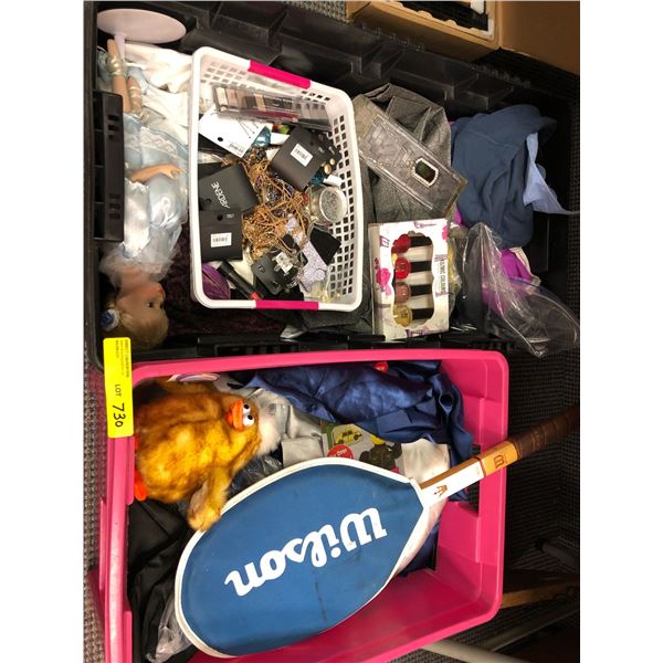 Two Bins of Misc. Estate Items - Including Wilson Tennis Racket plus New Toys/Makeup and Costume Jew