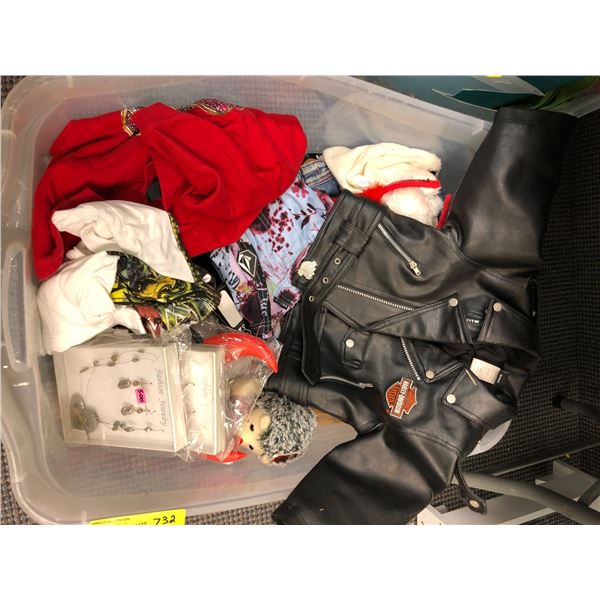 Bin Full of Novelty Items including T-shirts, Sweatshirts, and other unique items (18M Harley Davids