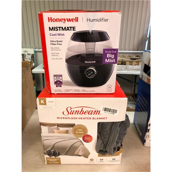 Sunbeam Micro plush Heated Blanket King with Dual Controls plus Honeywell Humidifier - Mistmate