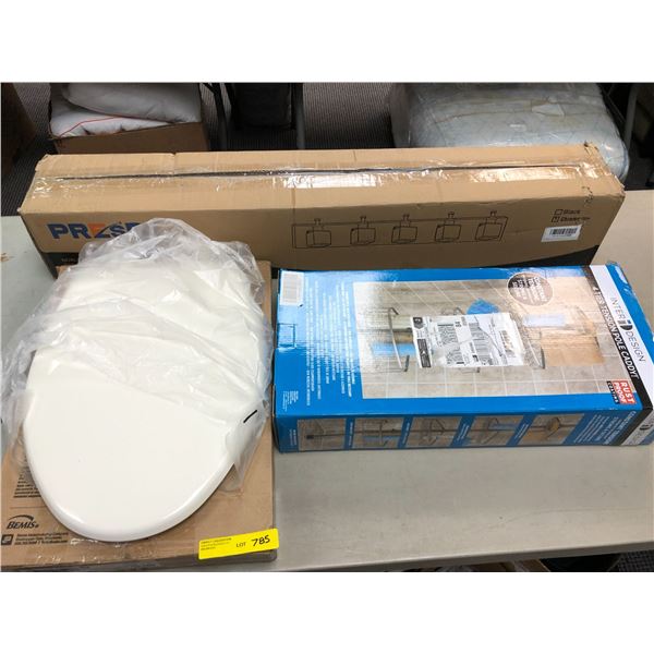 Group of Bathroom Products - Bemis Elongated Toilet Seat, 4 Tier Bathroom Caddy and Chrome Vanity Li