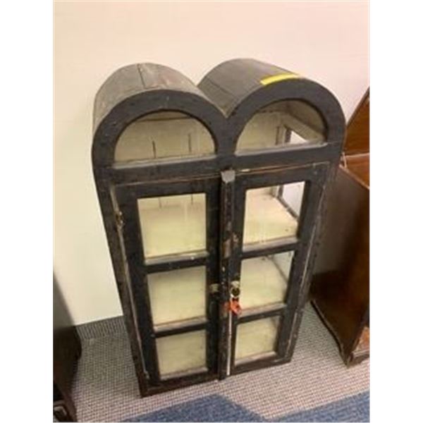 Vintage Cabinet with Glass Shelves - Unique Double Barrel Top - Painted Black - Approx. 24 x 12 x 44