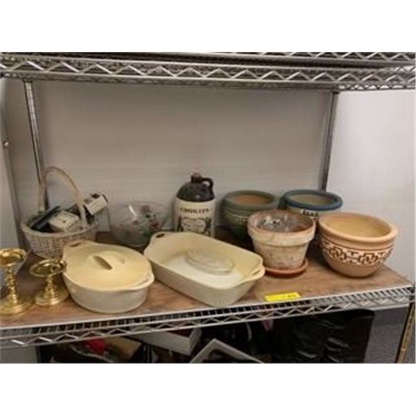 Shelf Lot of Household Items - Pots, Bakeware, Candleholders, Vintage Chip & Dip plus more