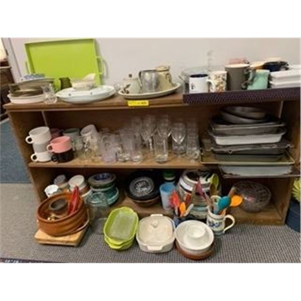 Shelf Lot of Misc. Estate Kitchenware Items (shelf not included) Glassware, Pitchers, Vintage Servin