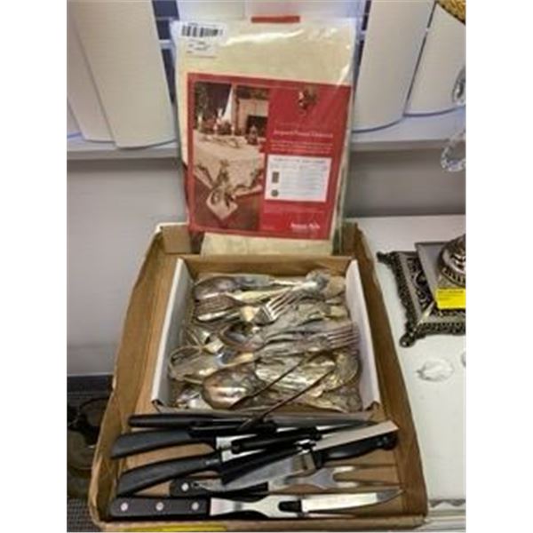 Group Lot of Estate Silverware, Knives and Christmas Tablecloth