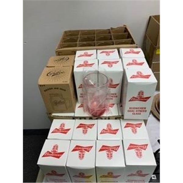 Group lot of Budweiser Goal Synced Glasses and Mason Jar Mugs plus Case of small glass Vases