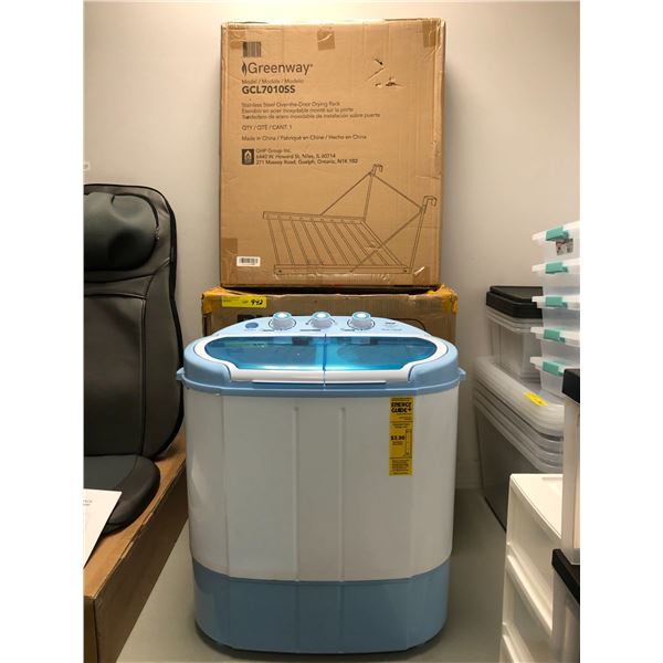 PYLE Portable Twin Tub Washing Machine plus Stainless Steel Over the Door Drying Rack