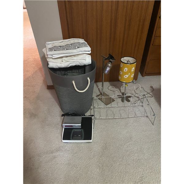 Assortment of Bathroom Accessories, Shoe Rack, Laundry Basket, Towels, Lamp, Alarm Clock