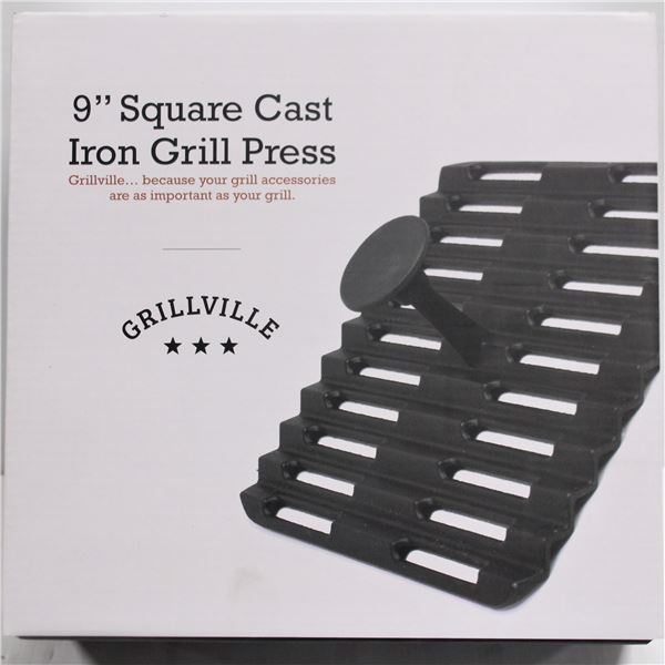 NEW IN BOX  9" SQUARE CAST IRON GRILL PRESS