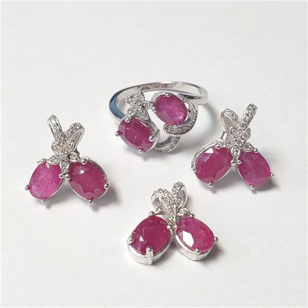 SILVER RUBY RING (SIZE 8) EARRING AND PENDANT(10CT) SET