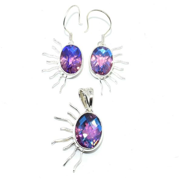 SILVER PINK BLUE MYSTIC QUARTZ(25.2CT) EARRING PENDANT SET