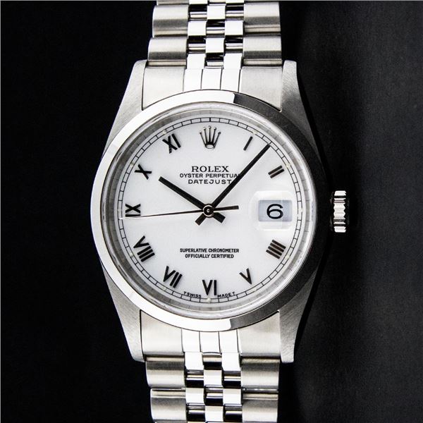 Rolex Mens Stainless Steel White Roman Datejust Jubilee Band Datejust Wristwatch