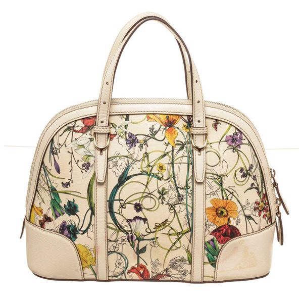 Gucci Floral White Leather Dome Convertible Satchel Bag