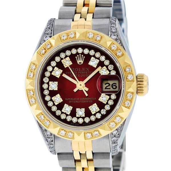 Rolex Ladies 2 Tone Red Vignette Diamond Lugs Pyramid 26MM Datejust Wriswatch