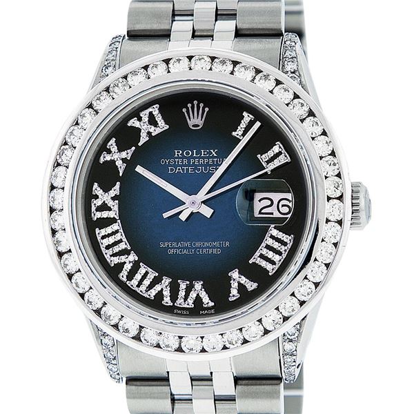 Rolex Mens Stainless Steel Blue Vignette Roman 3 ctw Diamond Datejust Wristwatch