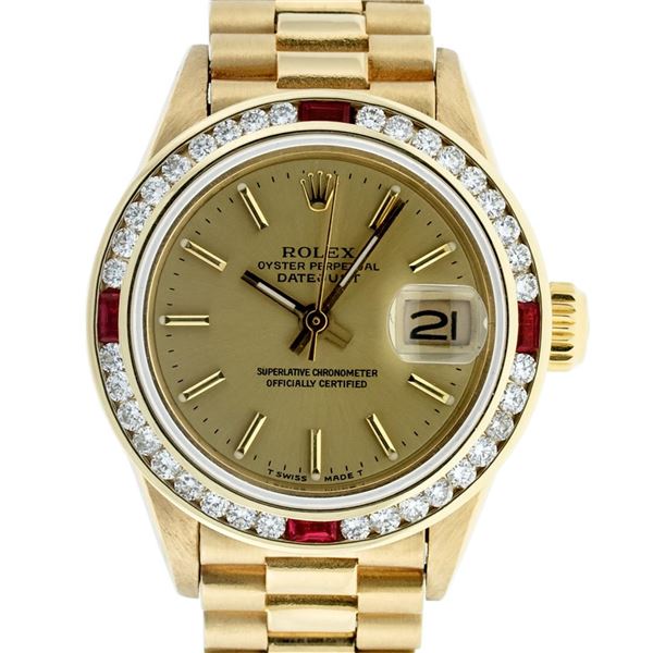 Rolex Ladies 18K Yellow Gold Ruby And Champagne Index President Wristwatch