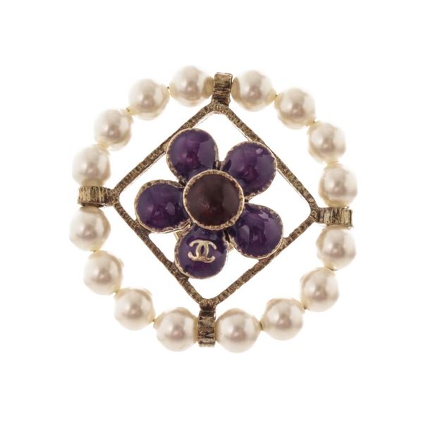 Chanel Purple Colored Stones and Pearl Flower Brooch