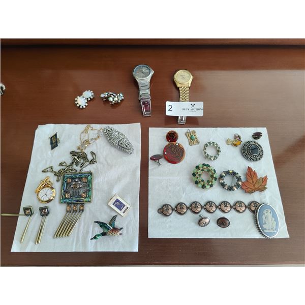 2 Men's Watches, Assorted Jewelry and Wedgwood Pin