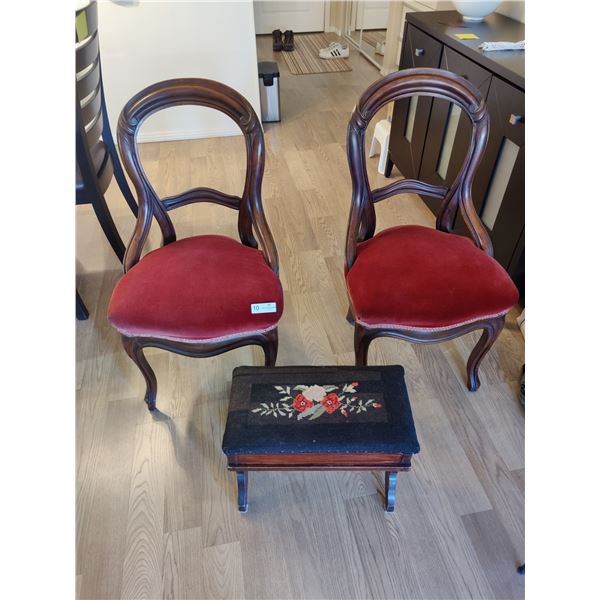 Set of 2 Antique Upholstered Chairs and Antique Ottoman