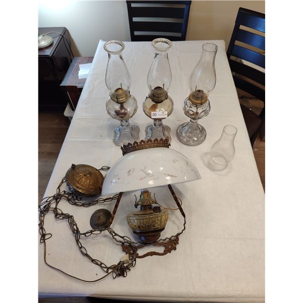 3 Standing Oil Lamps and Hanging Ceiling Light
