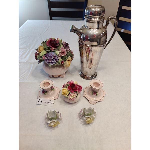 China Ceramic Flowers, Candlestick Holders and Coffee Urn
