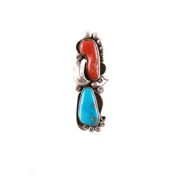 Navajo Old Pawn Silver, Turquoise, & Coral Ring