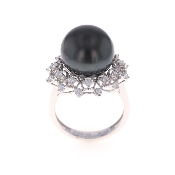 Scarce Black Tahitian Pearl Diamond 14k Gold Ring