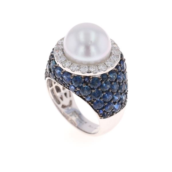 South Sea Pearl Sapphire & Diamond 18k Gold Ring