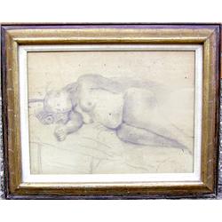 Raphael Soyer, Reclining Nude, Pencil Drawing 