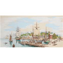 Carl Evers, Mystic Seaport Watercolor and Pencil Study