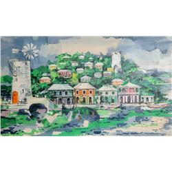 Jeremiah Goodman, Tropical Village, Watercolor