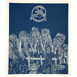 Manuel Izqueirdo, Night Festival, Blue, Woodcut