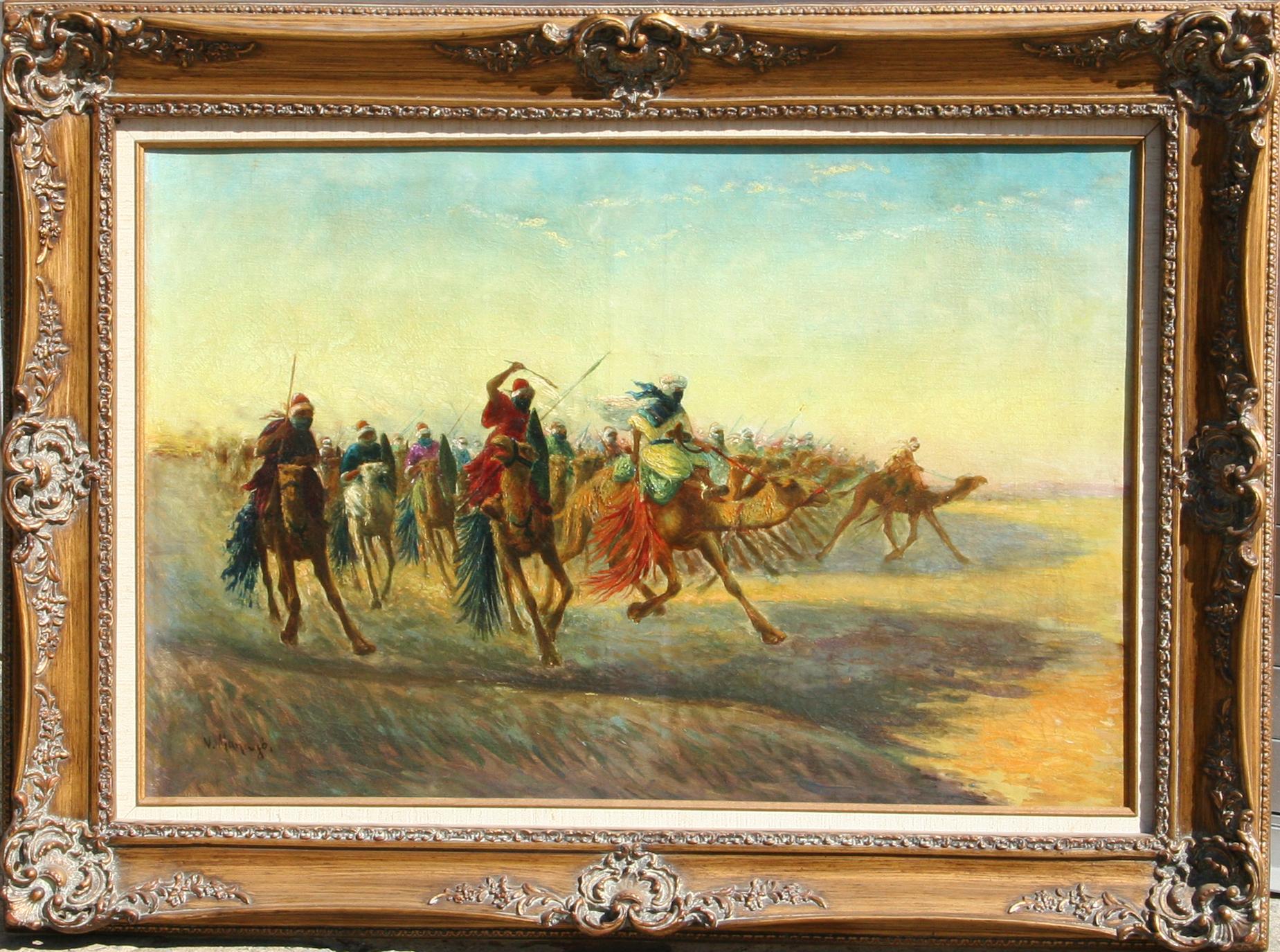 Tableau Orientaliste Vincent Manago 1878-1936 - Rue Animée En Algérie, Huile Sur Toile, Encadré